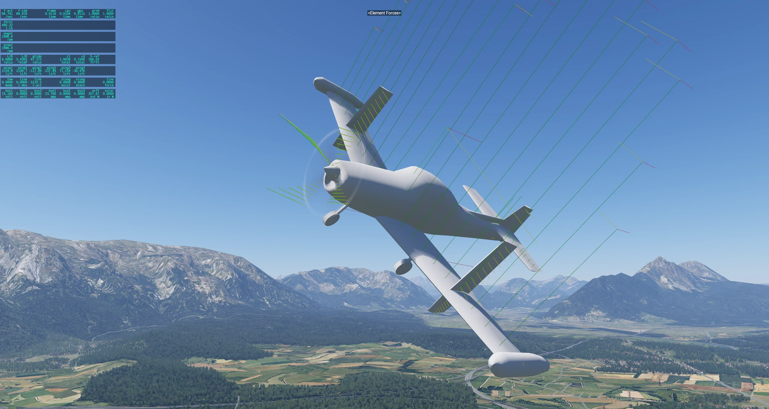 Navion in flight with element-force visualization